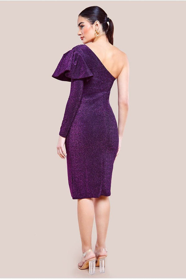 Goddiva One Sleeve Frill Lurex Midi Dress - Purple By Goddiva