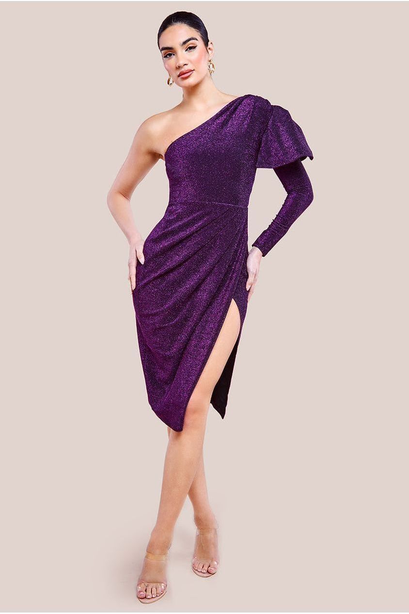 goddiva One Sleeve Frill Lurex Midi Dress - Purple by Goddiva