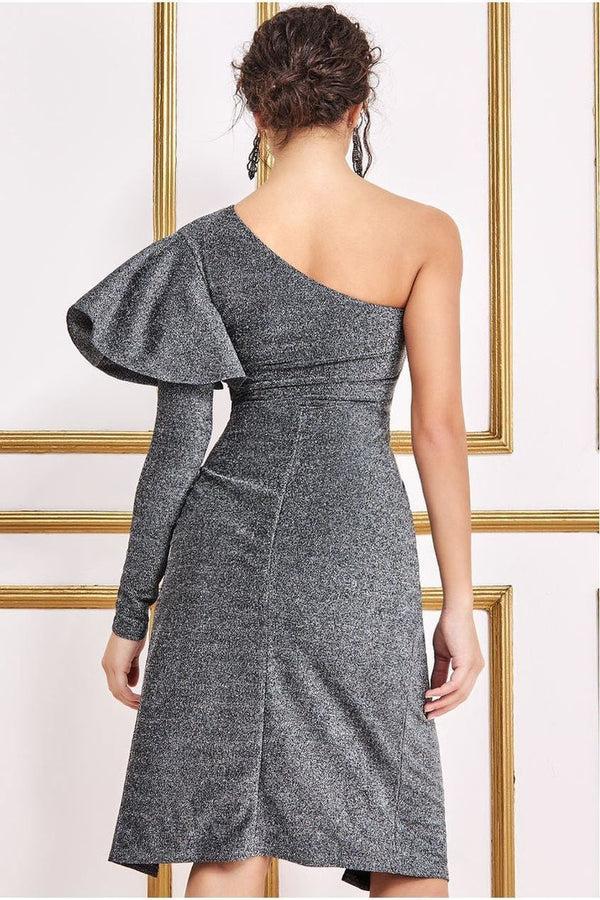 Goddiva One Sleeve Frill Lurex Midi Dress - Silver By Goddiva
