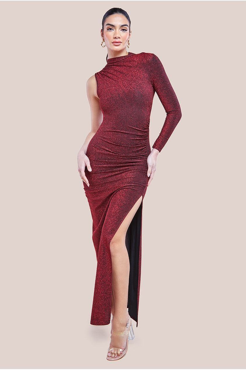 goddiva Open Lurex Back One Sleeve Maxi Dress - Red by Goddiva