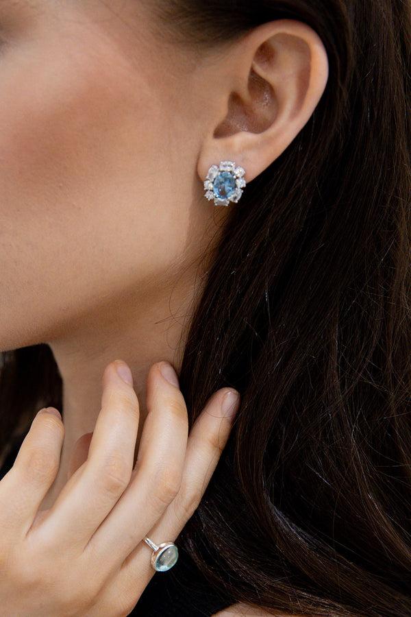 Goddiva Oval Cubic Zirconia Surround Earring In Light Blue & Gold By Last True Angel