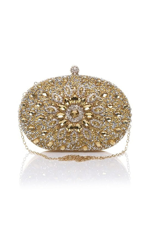 Goddiva Oval Diamante Embellished Clutch Bag In Gold By SVNX