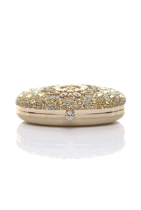 Goddiva Oval Diamante Embellished Clutch Bag In Gold By SVNX