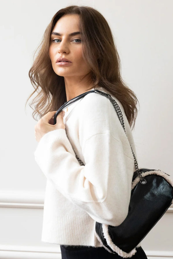 Goddiva Patent Shoulder Bag With Borg Fur Trim By SVNX