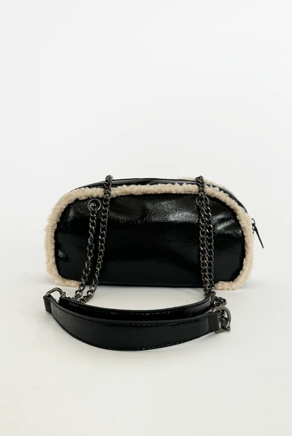 Goddiva Patent Shoulder Bag With Borg Fur Trim By SVNX