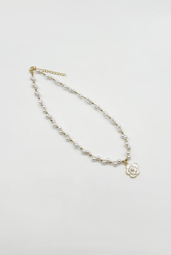Goddiva Pearl Chain Necklace With Camellia Pendant - Gift Boxed By SVNX