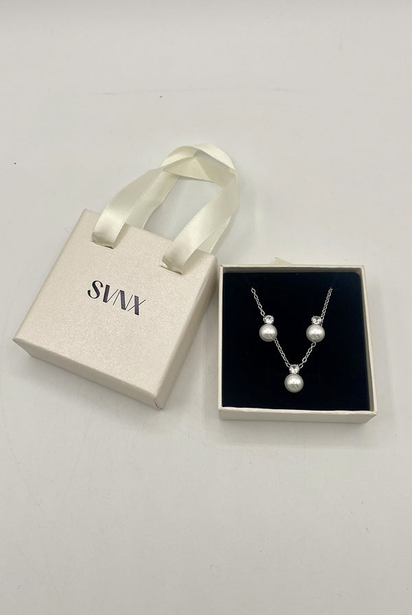 Goddiva Pearl Diamante Earrings & Necklace Set In Silver By SVNX