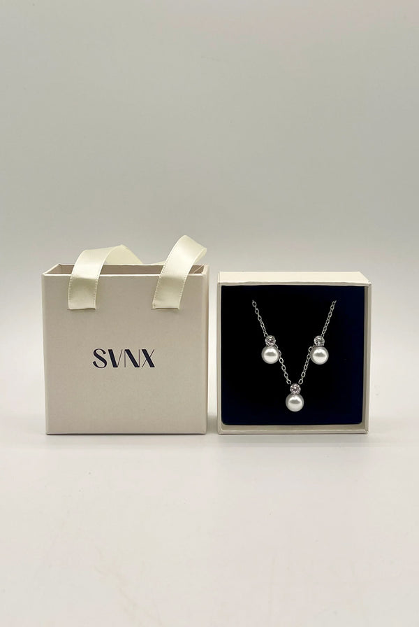 Goddiva Pearl Diamante Earrings & Necklace Set In Silver By SVNX