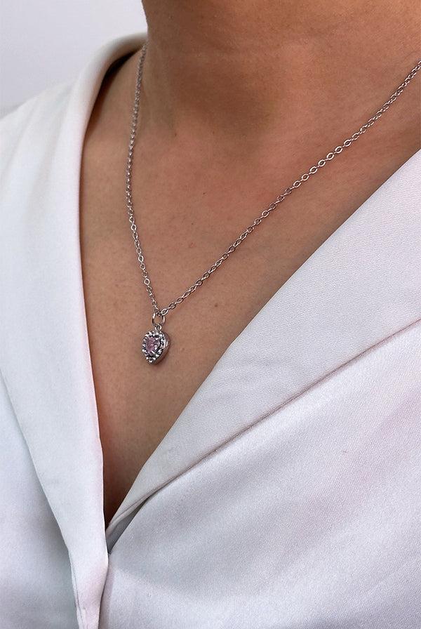 Goddiva Pink Crystal Heart Pendant Necklace In Silver - Gift Boxed By SVNX