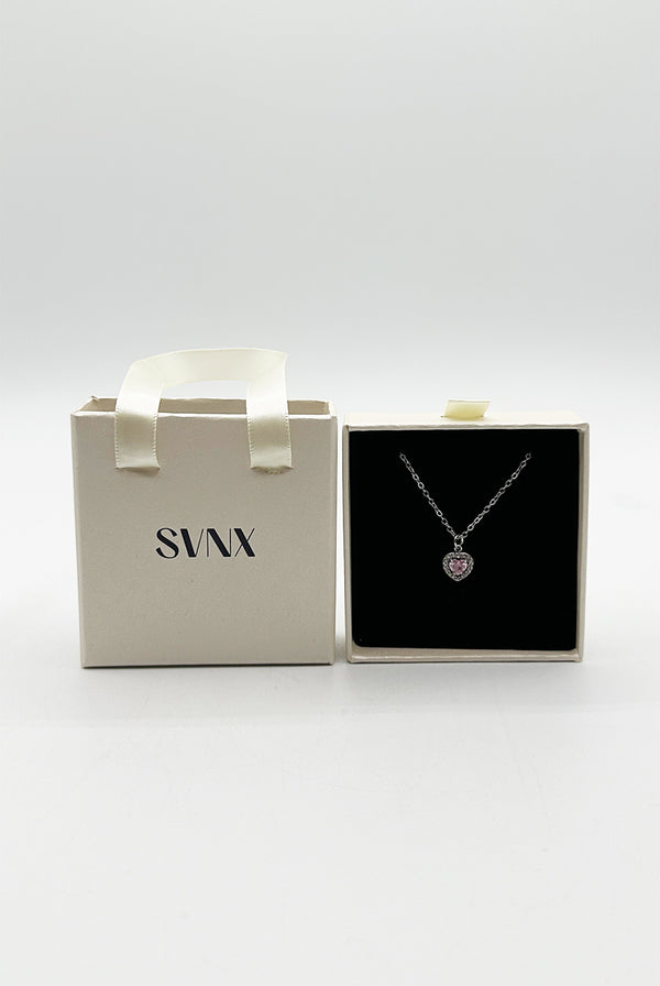 Goddiva Pink Crystal Heart Pendant Necklace In Silver - Gift Boxed By SVNX
