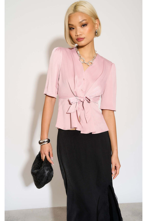 Goddiva Pink Short Sleeve Knotted Crepe Satin Top By LOVE SUNSHINE