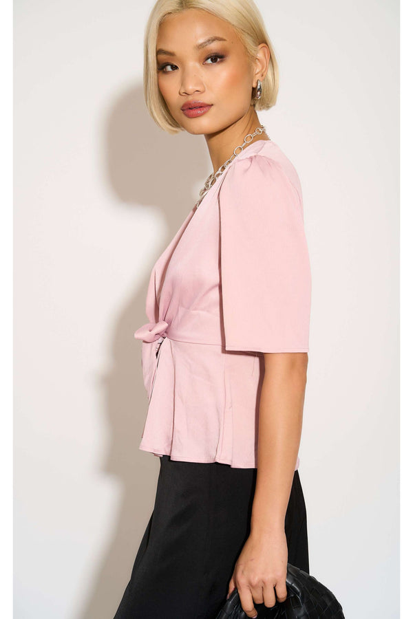 Goddiva Pink Short Sleeve Knotted Crepe Satin Top By LOVE SUNSHINE