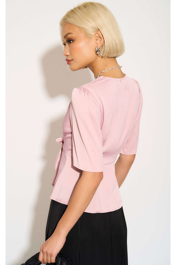 Goddiva Pink Short Sleeve Knotted Crepe Satin Top By LOVE SUNSHINE