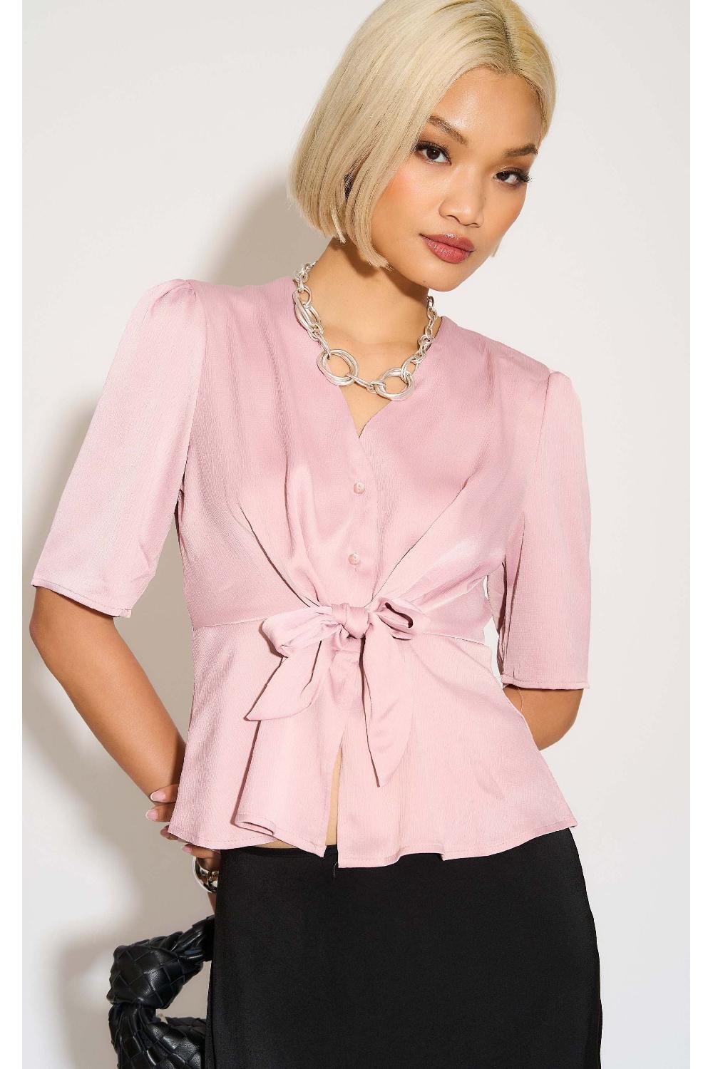 goddiva Pink Short Sleeve Knotted Crepe Satin Top by LOVE SUNSHINE