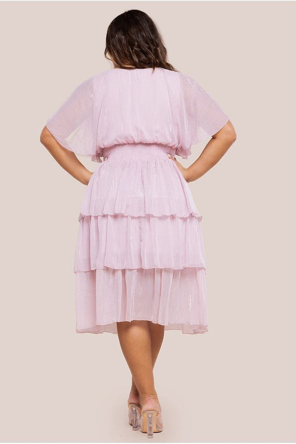 Goddiva Plain Lurex Chiffon Tiered Midi Dress - Blush Pink By Goddiva Plus