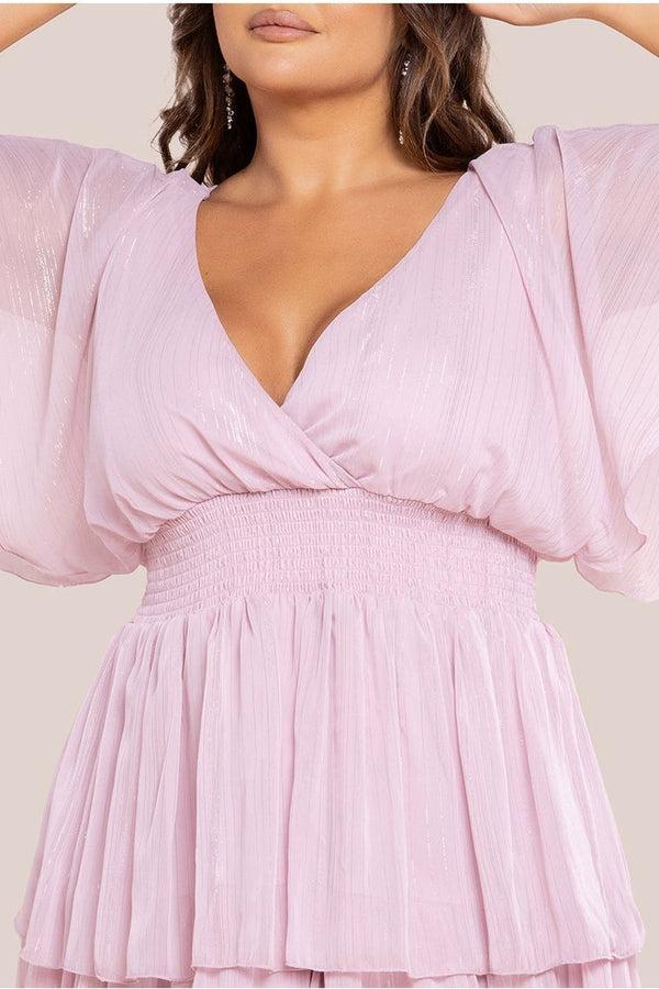 Goddiva Plain Lurex Chiffon Tiered Midi Dress - Blush Pink By Goddiva Plus