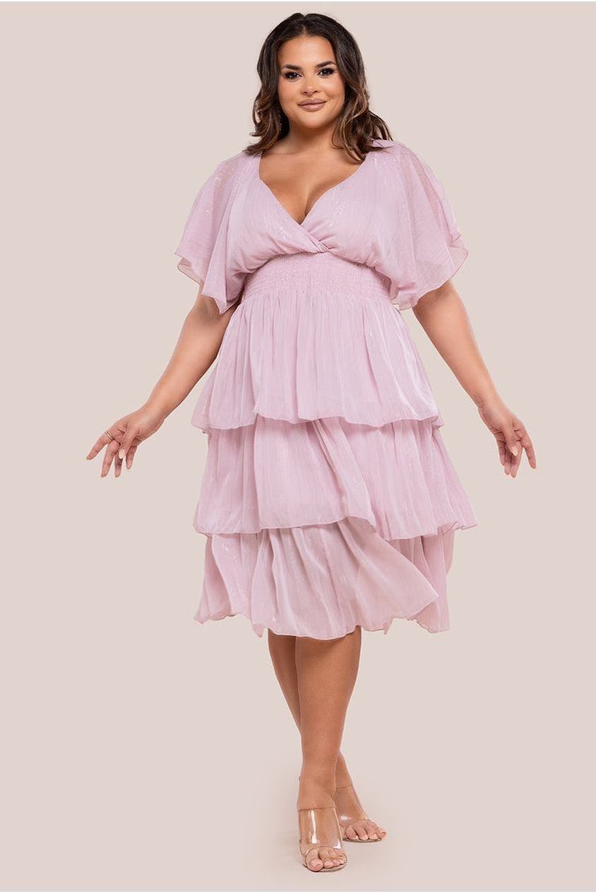 goddiva Plain Lurex Chiffon Tiered Midi Dress - Blush Pink by Goddiva Plus