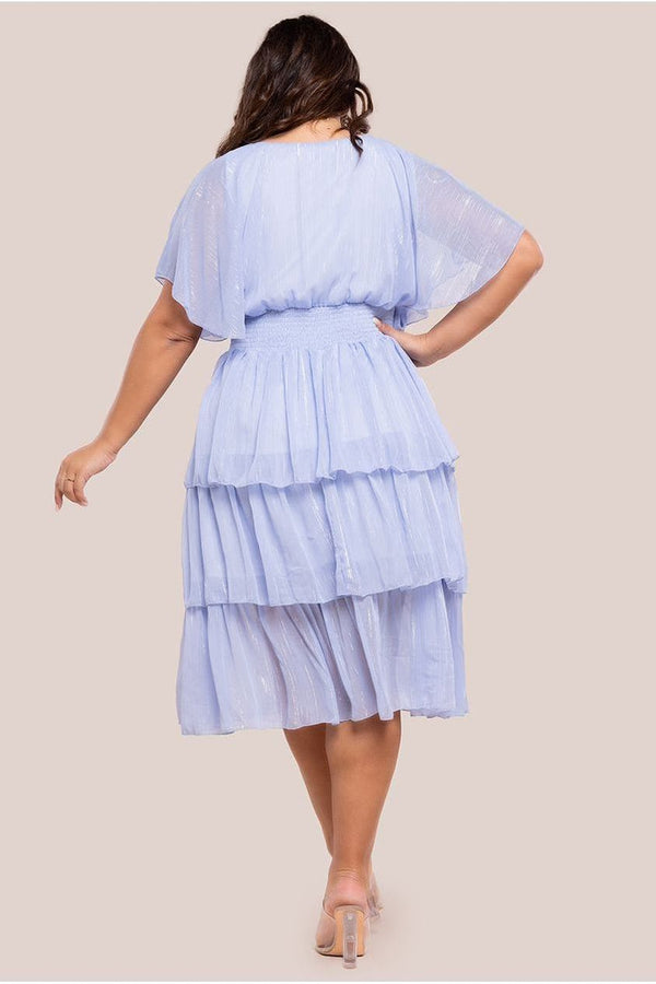 Goddiva Plain Lurex Chiffon Tiered Midi Dress - Light Blue By Goddiva Plus