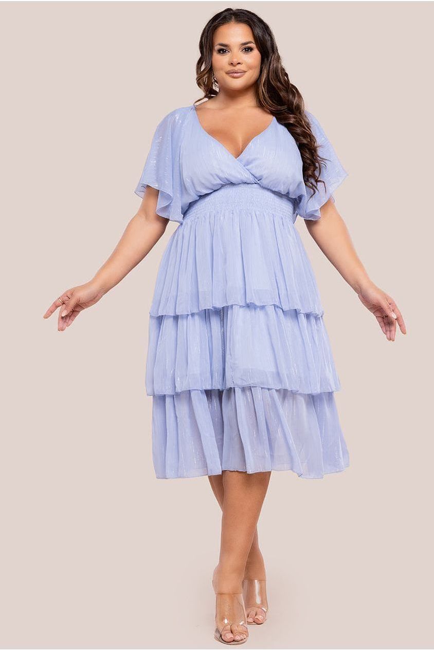 goddiva Plain Lurex Chiffon Tiered Midi Dress - Light Blue by Goddiva Plus