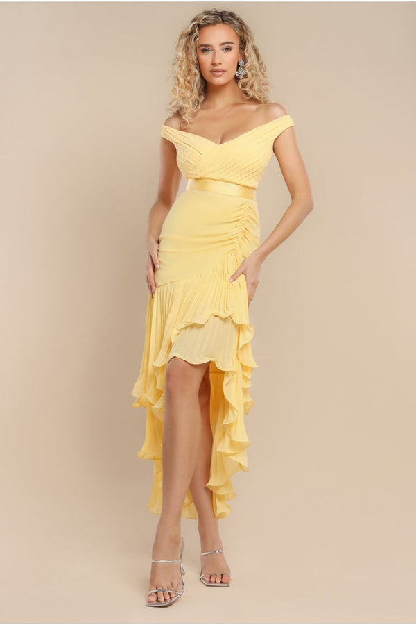 Goddiva Pleated Bardot High Low Tier Chiffon Midaxi Dress - Lemon By Goddiva