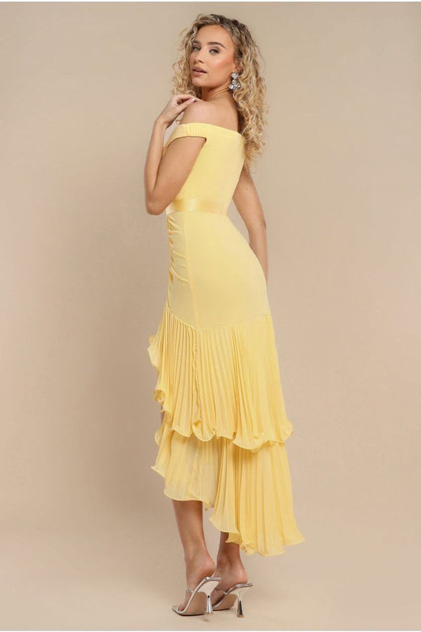 Goddiva Pleated Bardot High Low Tier Chiffon Midaxi Dress - Lemon By Goddiva