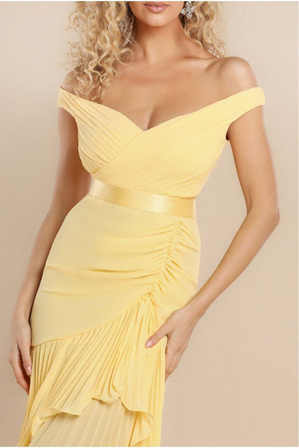 Goddiva Pleated Bardot High Low Tier Chiffon Midaxi Dress - Lemon By Goddiva