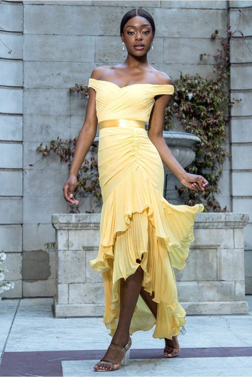 goddiva Pleated Bardot High Low Tier Chiffon Midaxi Dress - Lemon by Goddiva