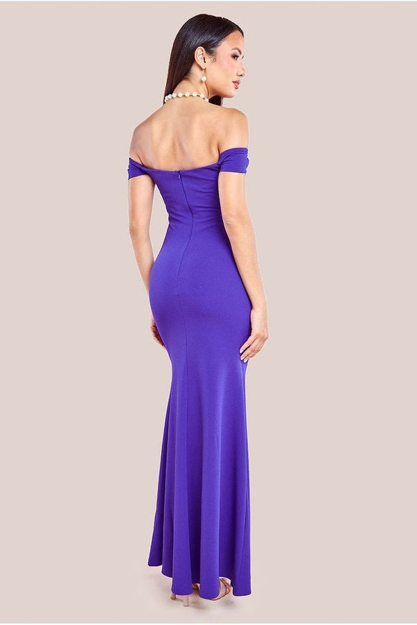 Goddiva Pleated Bardot Scuba Maxi Dress - Purple By Goddiva