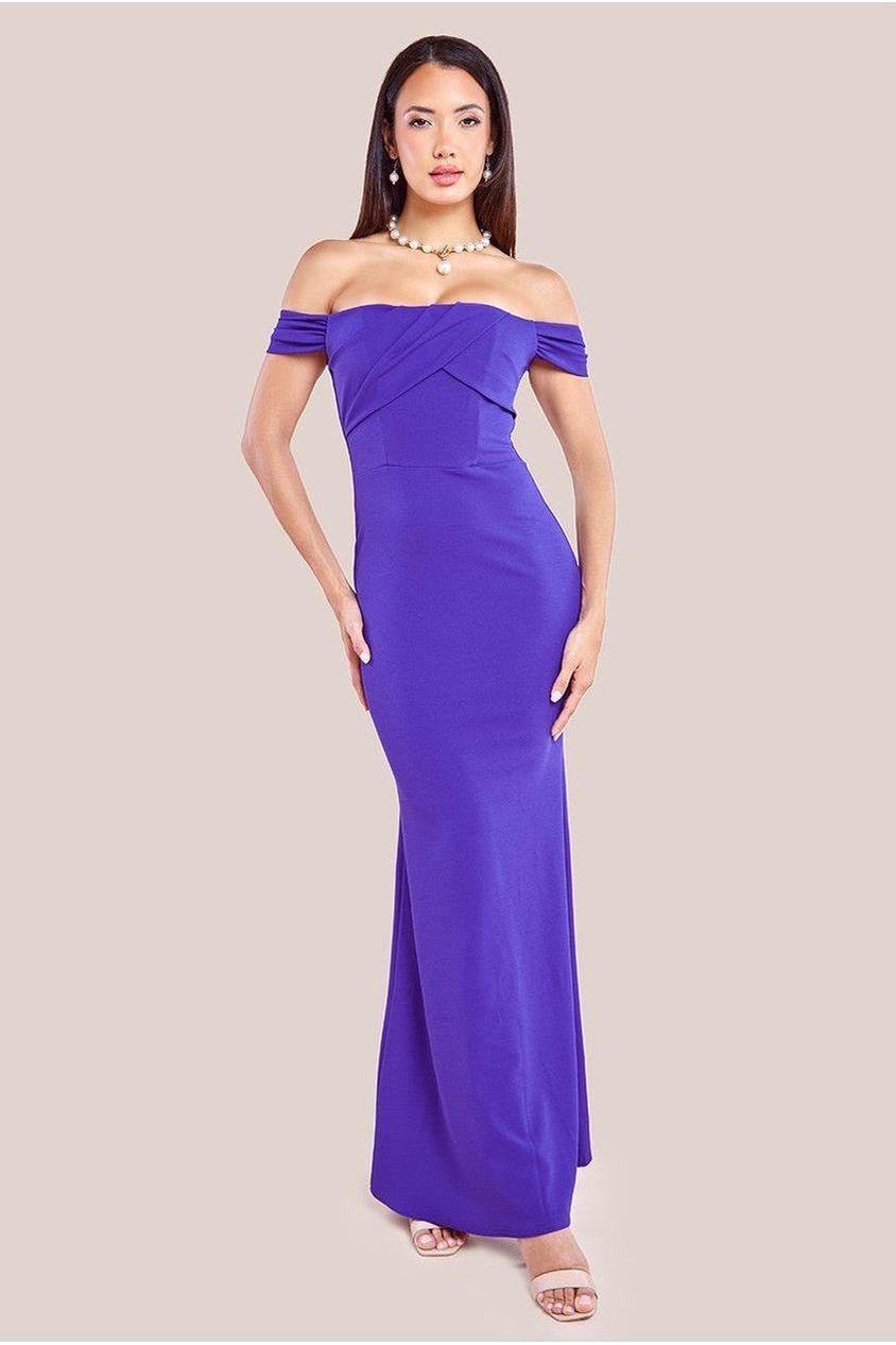 goddiva Pleated Bardot Scuba Maxi Dress - Purple by Goddiva