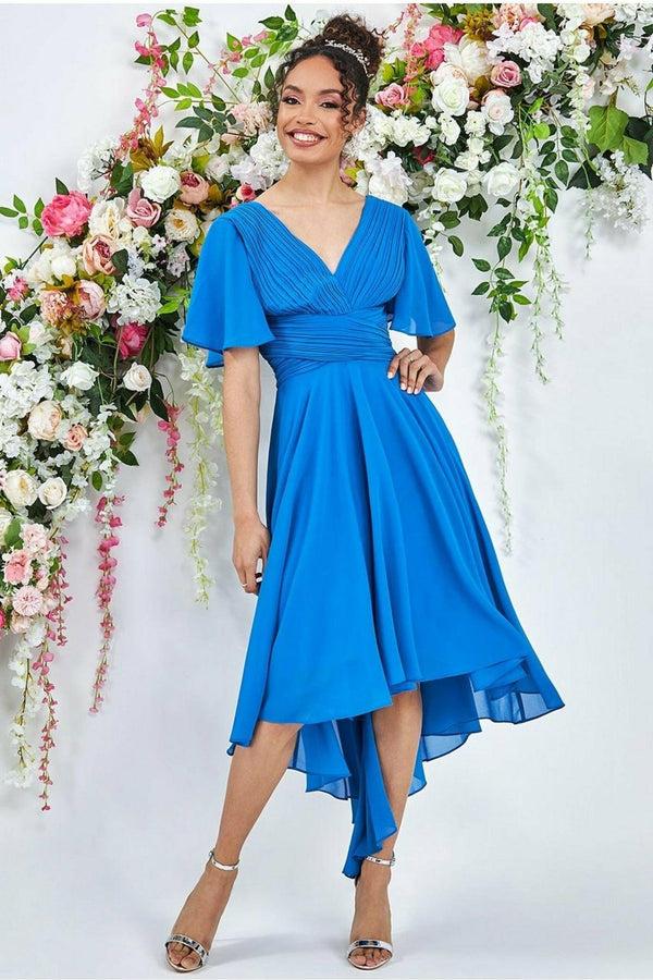 Goddiva Pleated Chiffon High Low Midi Dress - Atlantic Blue By Goddiva