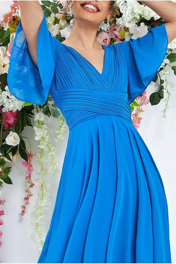 Goddiva Pleated Chiffon High Low Midi Dress - Atlantic Blue By Goddiva