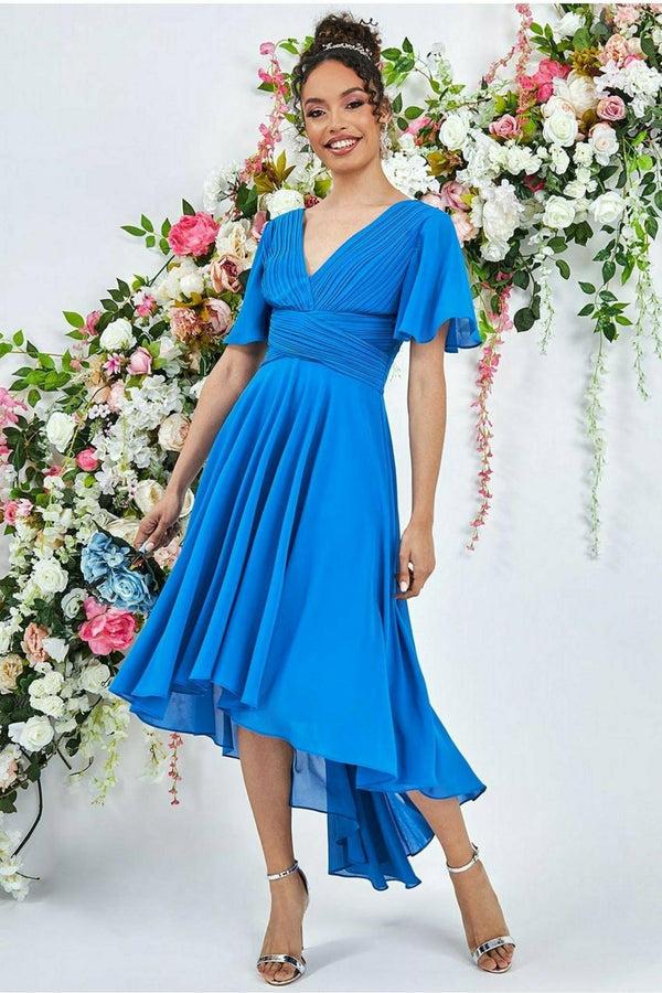 Goddiva Pleated Chiffon High Low Midi Dress - Atlantic Blue By Goddiva