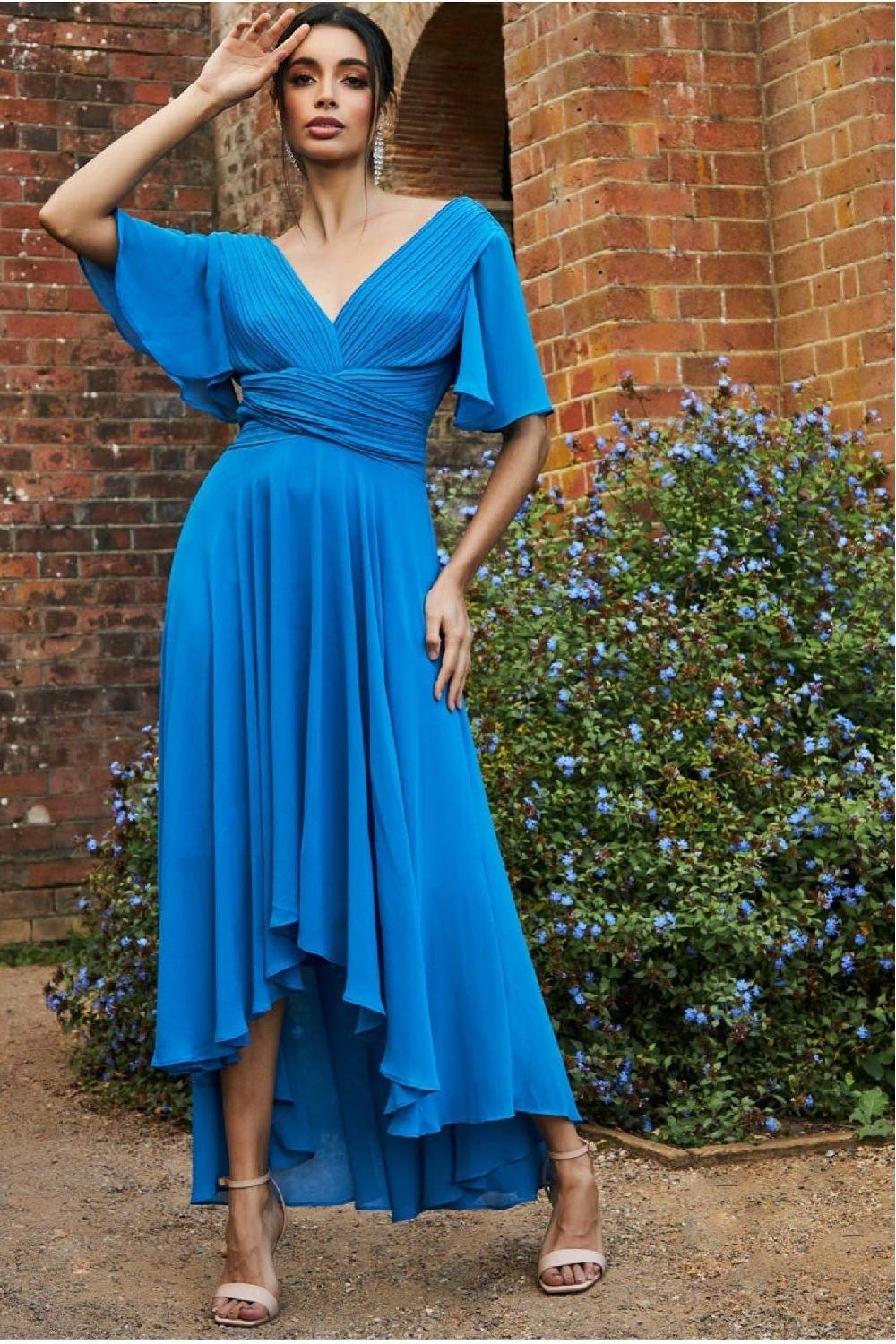 goddiva Pleated Chiffon High Low Midi Dress - Atlantic Blue by Goddiva