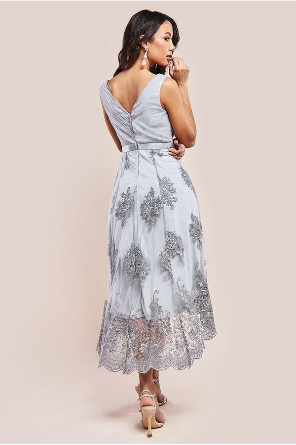 Goddiva Pleated Satin Bodice High And Low Dress - Grey By Goddiva