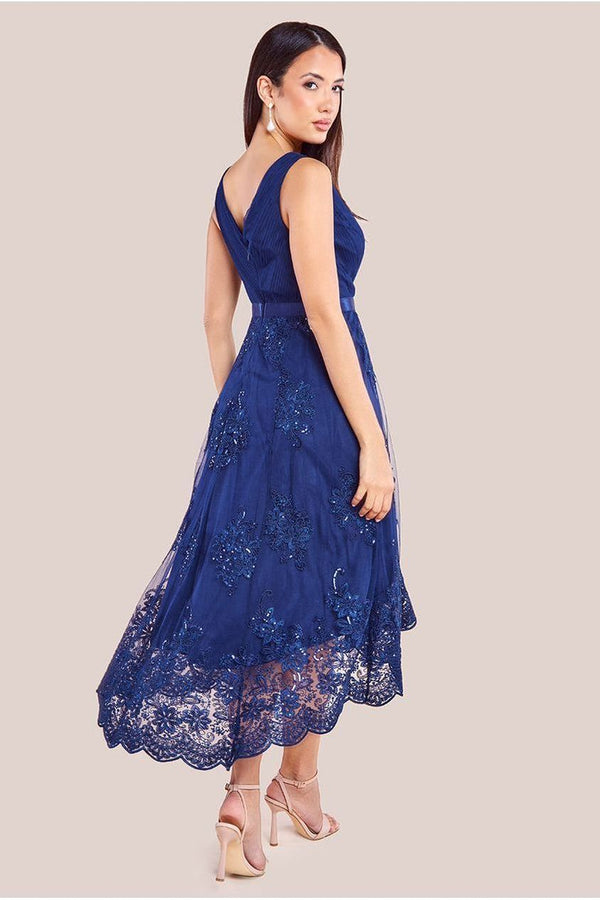 Goddiva Pleated Satin Bodice High And Low Dress - Navy By Goddiva