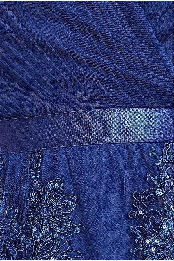 Goddiva Pleated Satin Bodice High And Low Dress - Navy By Goddiva