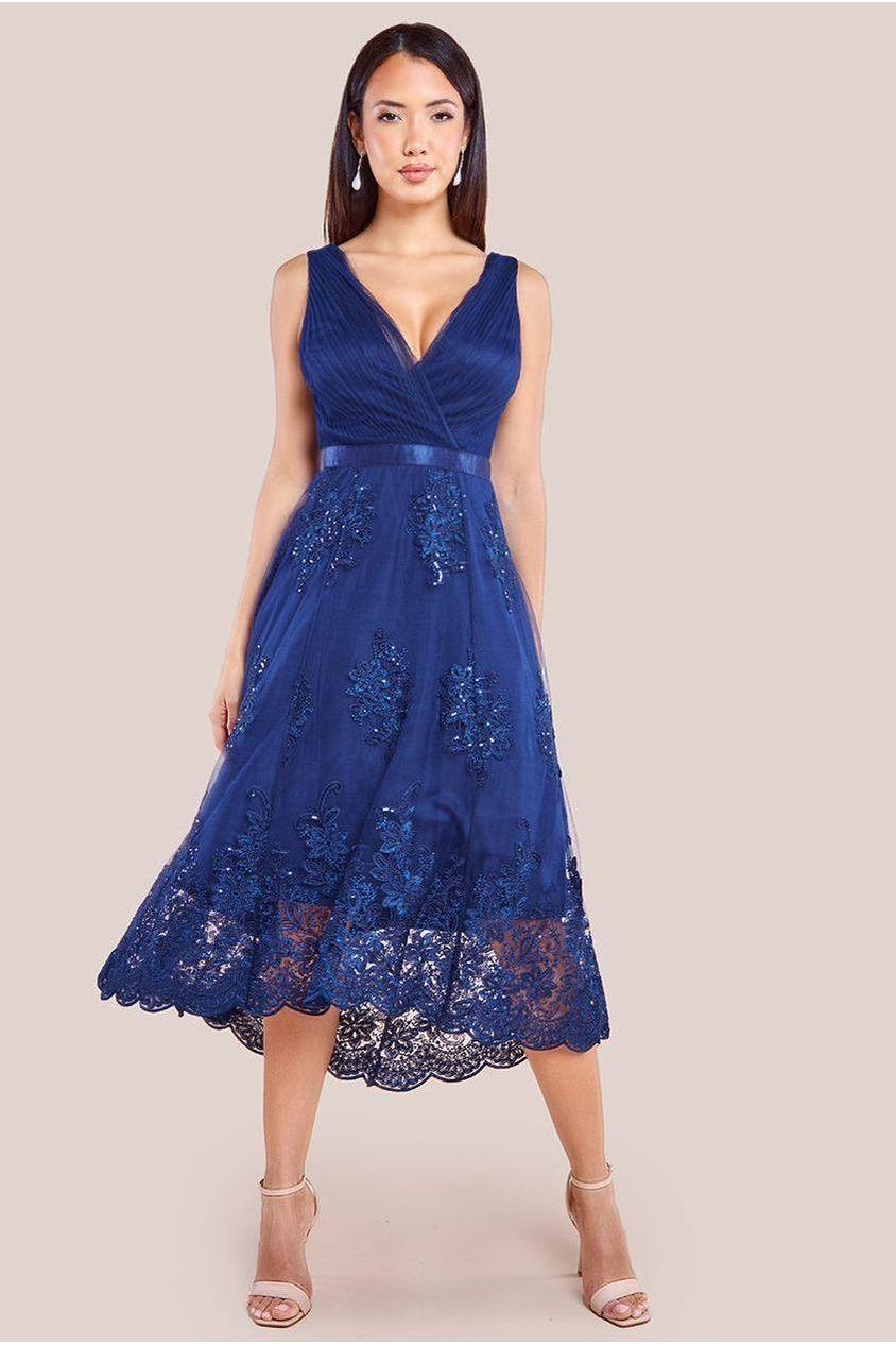 goddiva Pleated Satin Bodice High And Low Dress - Navy by Goddiva