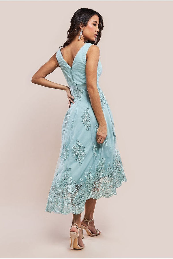 Goddiva Pleated Satin Bodice High And Low Dress - Sage Green By Goddiva