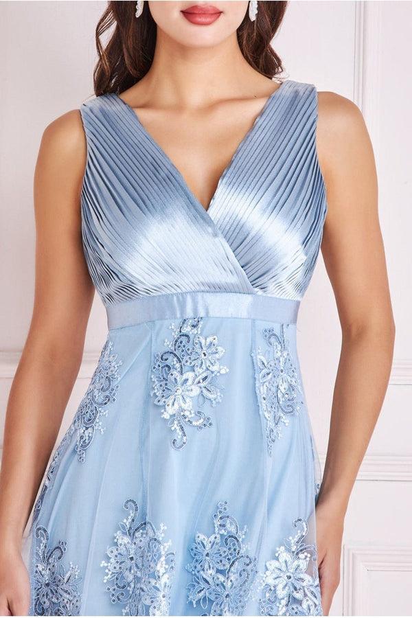 Goddiva Pleated Satin V Neck High And Low Midi - Light Blue By Goddiva