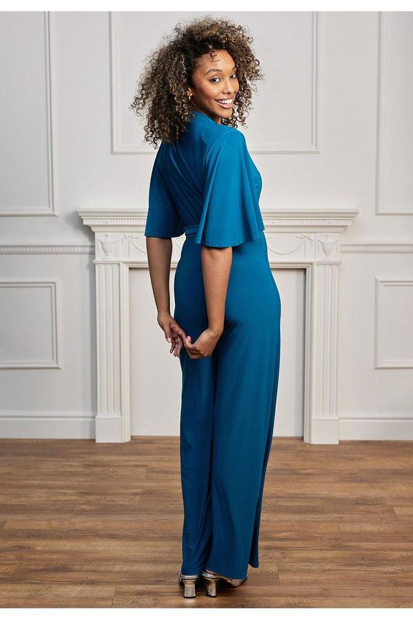 Goddiva Plunge Angel Sleeve Jumpsuit With Tie Belt In Teal By Angeleye