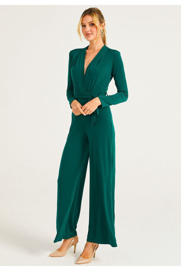 Goddiva Plunge Neck Wide Leg Jumpsuit With Long Sleeves In Green By Angeleye