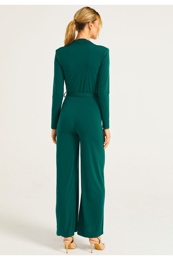Goddiva Plunge Neck Wide Leg Jumpsuit With Long Sleeves In Green By Angeleye