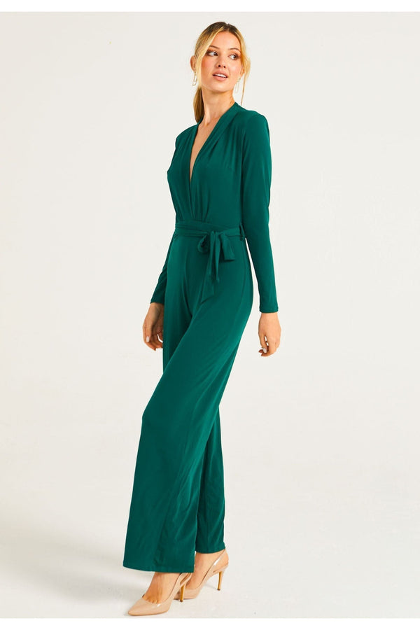 Goddiva Plunge Neck Wide Leg Jumpsuit With Long Sleeves In Green By Angeleye