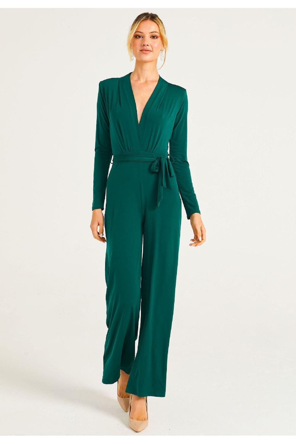 goddiva Plunge Neck Wide Leg Jumpsuit With Long Sleeves In Green by Angeleye