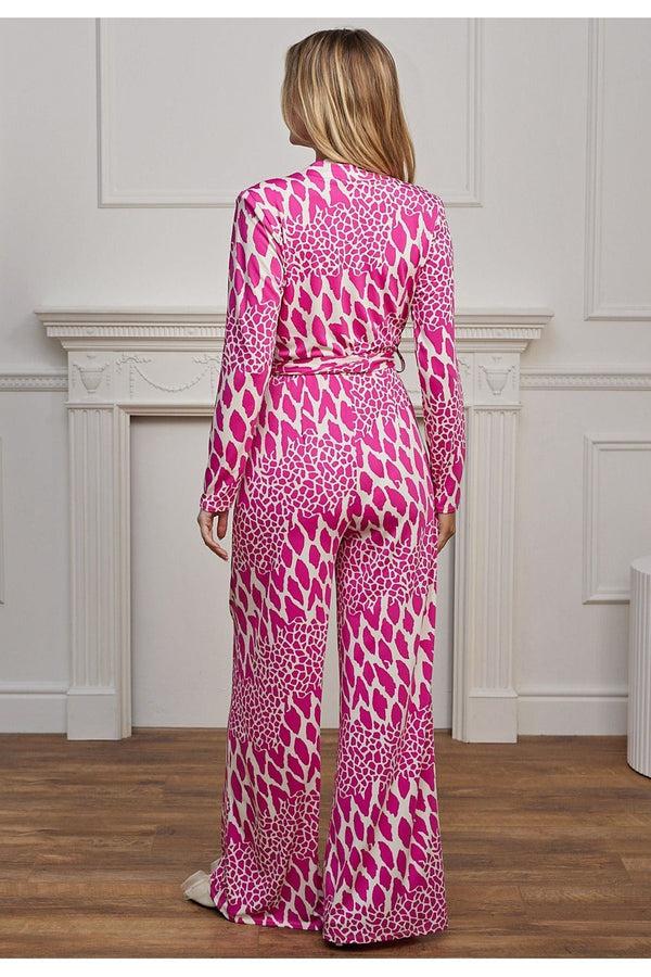 Goddiva Plunge Neck Wide Leg Long Sleeve Jumpsuit In Pink Leopard By Angeleye