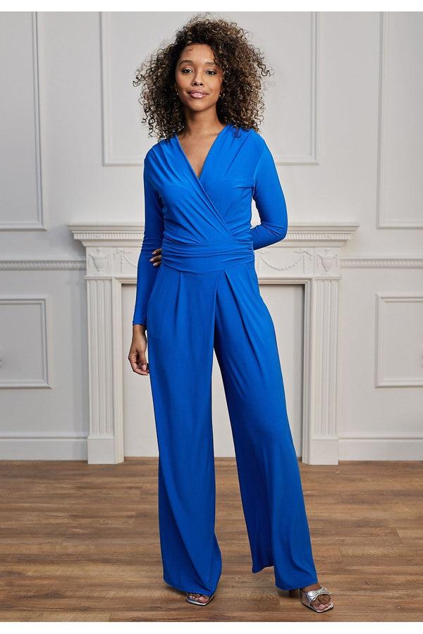Goddiva Plunge Wrap Long Sleeve Jumpsuit With Tie Back In Royal Blue By Angeleye