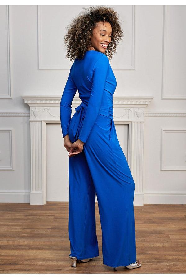 Goddiva Plunge Wrap Long Sleeve Jumpsuit With Tie Back In Royal Blue By Angeleye