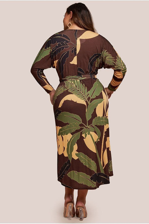 Goddiva Printed Batwing Wrap Midi Dress - Brown By Goddiva Plus