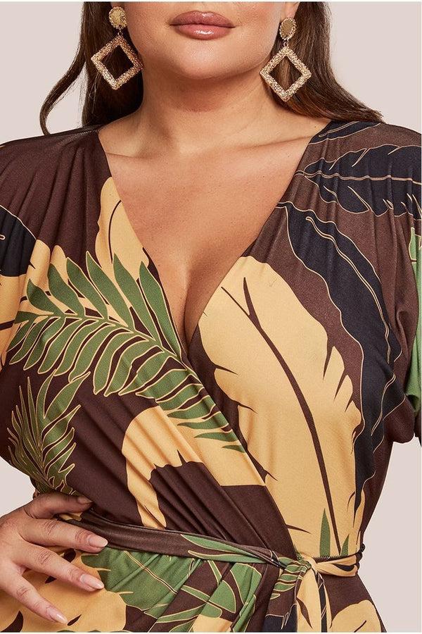 Goddiva Printed Batwing Wrap Midi Dress - Brown By Goddiva Plus