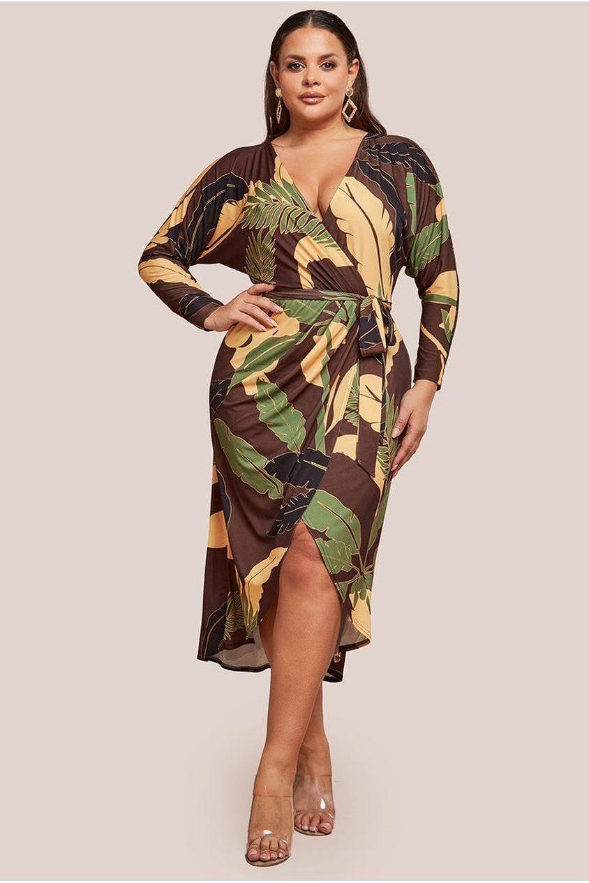 goddiva Printed Batwing Wrap Midi Dress - Brown by Goddiva Plus